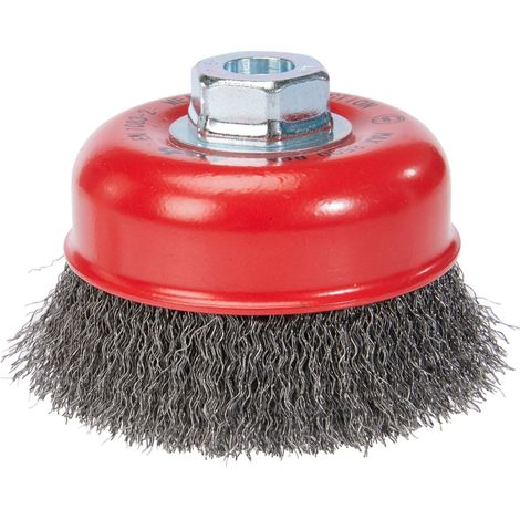 Brosse boisseau pour meuleuse d'angle Ø 100 mm, filetage M14, en fil d'acier HSS ondulé, pour le métal et la pierre, pour nettoyer, décalaminer, rendre rugueux et dérouiller (1/5)