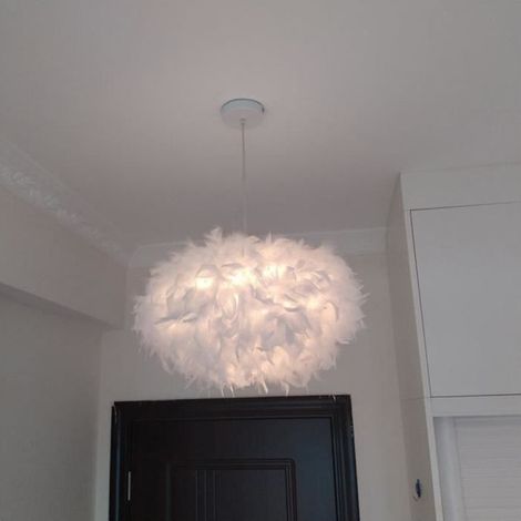 Moderne Lampe Rond 45cm Plafonnier en Plumes Blanche Luminaire Lustre Suspension (1/4)