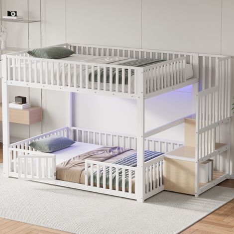 Litera 140x200 con escalera con almacenamiento y LED, metal MDF, blanco, REDOM (1/5)