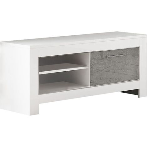 DENAE - Meuble TV 1 Porte L112cm Laqué Blanc Brillant et Gris Marbré (1/3)