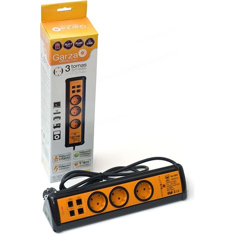 Garza Office Power - Regleta Base múltiple de 3 tomas con interruptor, 2 USB, 2 RJ11 y 2 RJ45. Cable 1.5mmx1.4m, Color negro y naranja (1/4)