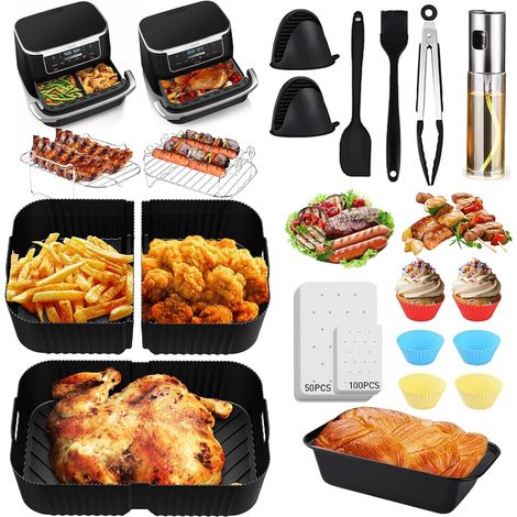 Accessoires Air Fryer pour Ninja Foodi Flex 10,4 L AF500EU, Moule Silicone Air Fryer(1x10,4L + 2x5,2L), Friteuse Accessoires Set- Moule Silicone, Grilles de Cuisson Etc (1/5)