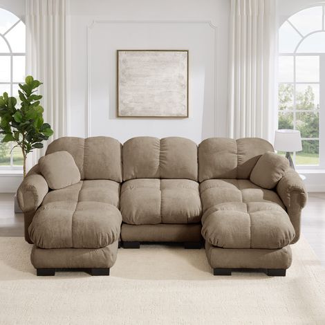 Divano a U 260x149x90 cm, con pouf mobile e cuscino piccolo, seduta trapuntata, chenille marrone (1/5)