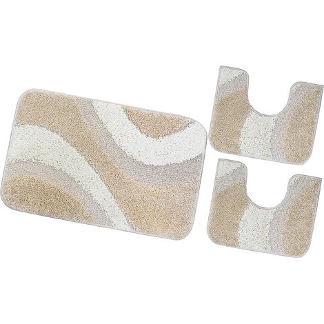 Tappeto Bagno Parure Set 3 Pezzi 100% Made in Italy Antiscivolo Shaggy 3D Moderno Assorbente - Beige (1/6)