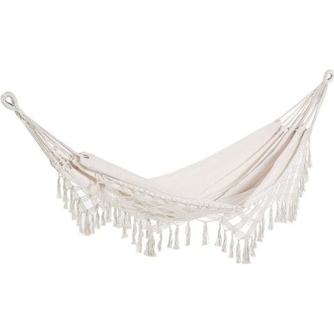 Tragbare Reisehängematte, Hängematte im Bohemian-Stil, Quastenhängematte, Gesamtgröße 200 x 150 cm, Beige