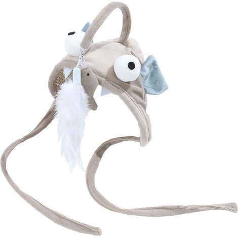 Coiffure de pêche pour chat, jouet interactif, doux et mignon, chapeau en plumes, chaton, Teaser avec pendentif remplaçable, poisson gris à gros yeux (1/5)
