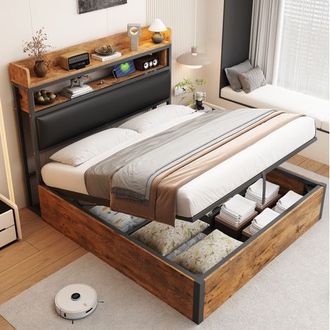 Cama con espacio de almacenamiento metal, MDF y tela negra 140x200 cm con somier de láminas, USB y elevación hidráulica (1/5)