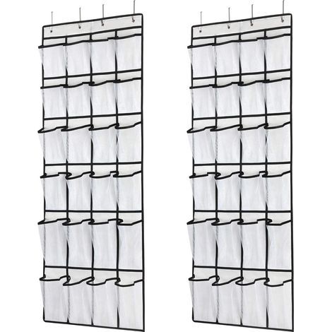 2 pcs Organiseur de chaussures à suspendre sur la porte, 24 poches en maille, support de chaussures à suspendre avec crochets de porte, idéal pour une armoire, une chambre, une salle de bain (noir) (1/5)