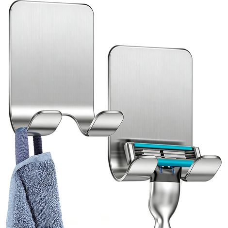 2 Pièces Support Rasoir, Crochet Adhésif Acier Inoxydable, Porte-Serviette Salle de Bain, pour Douche et Baignoire