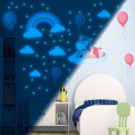Lot de 2 stickers muraux arc-en-ciel bleu clair pour chambre de fille (licorne), décalcomanies lumineuses étoilées pour plafond, décoration chambre enfant salon (1/5)