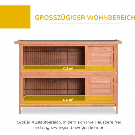 Clapier bois double niveau, toit bitume + bac collecteur, 136x50x93 cm, résistant hiver, cage lapins petits animaux avec portes, intérieur/extérieur, orange (1/5)