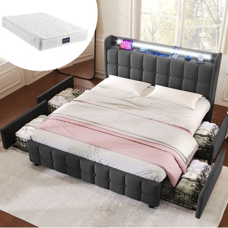 Lit double capitonné moderne 140x200 cm gris, tête de lit avec USB et prises, LED, 4 tiroirs, sommier à lattes (1/5)