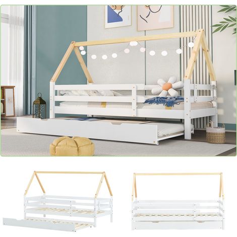 Lit gigogne - 90x200/90x190 cm - Blanc - Bois massif - Avec sommier à lattes (1/5)