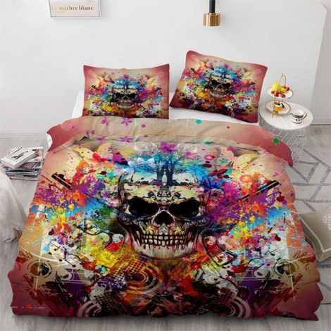 Bettwäsche-Set 220x240 cm 3-teilig Mikrofaser mit Reißverschluss Totenkopf Motiv