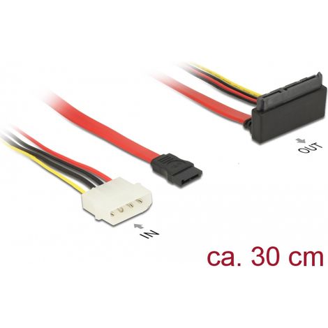 Delock Cable SATA de 6 Gb/s hembra de 7 pines + Enchufe de alimentación de 4 pines Molex SATA curvado hacia arriba, hembra, metálico de 22 pines y