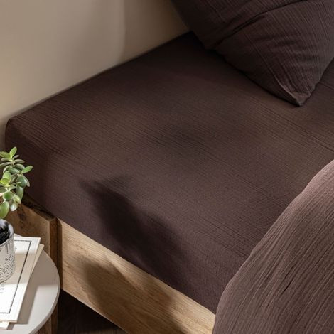 Drap housse 140x190 gaze de coton marron Terre de Nuit JUNE - JUNE