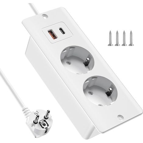 Multiprise encastrable avec USB et type C, 4 en 1, 2 prises, plateau de table encastré avec câble de 2 m, multiprise pour cuisine, bureau (1/5)