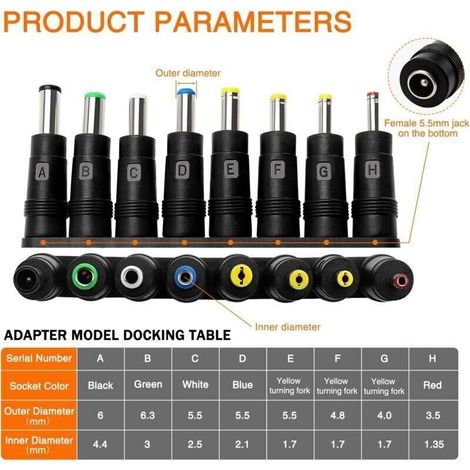 Adaptateur D’alimentation DC 8-en-1 Pour Ordinateur Portable Avec Connecteurs 5,5 x 2,1 mm Mâle/Femelle Compatible Multimarques (1/5)