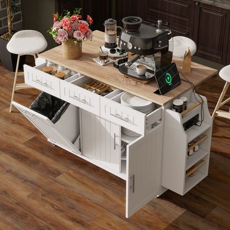 Desserte îlot de Cuisine sur Rallonge et Prises Électriques, Meuble de Cuisine avec Plans de Travail Rabattable Compartiment Poubelle, Porte-torchons, 3 Tiroirs, 3 Portes avec Rangement