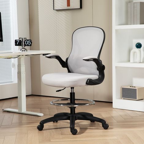 Silla de Dibujo Giratoria con Soporte Lumbar Reposapiés Ajustable y Reposabrazos Abatibles 59x65x102-122 cm Gris Claro (1/5)