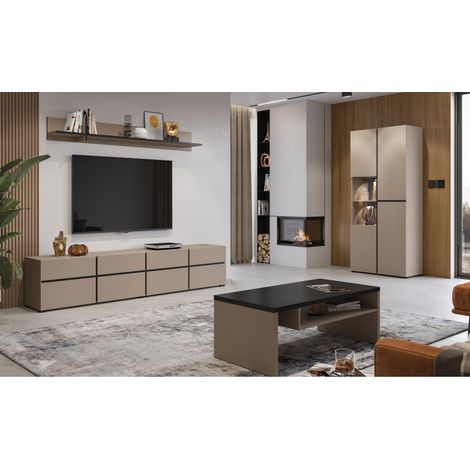 Set mit 4 Möbeln aus der Kollektion HAVANA in Beige und Schwarz. XL TV-Möbel, Vitrine, Couchtisch, Regal