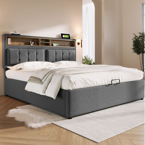 Letto con contenitore in lino grigio 160x200 cm con testiera regolabile, prese USB/Type-C e rete a doghe inclusa (1/5)