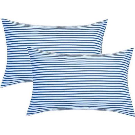 Juego de fundas de almohada a rayas 100% algodón (2 piezas), blanco y azul, cierre tipo sobre, relleno de almohada no incluido.