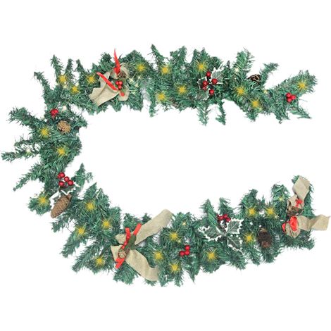 Couronne de Noël décorative en rotin et PVC vert, 1,8 mètre de long, avec lumières. (1/5)