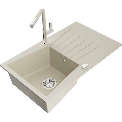 Mexen Cesar 1 Becken-Granitspüle mit Abtropffläche und Mischbatterie Flora, Beige - 6514-69-670401-0 (1/5)