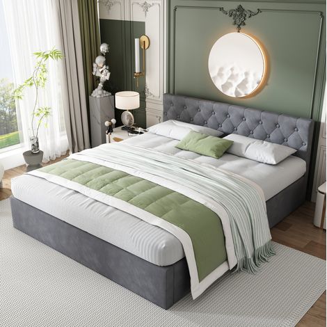 Cama con espacio de almacenamiento de terciopelo gris 140x200 cm con cabecero capitoné y somier de láminas (1/5)