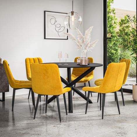 Malvern Round Dining Table And Chairs - Black Table Top w Solid Black Oak Legs + Nova Velvet Dining Chair Set Of 6 (Mustard)
