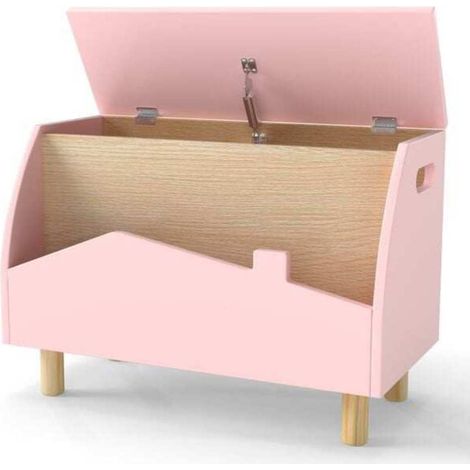 Chambre d'enfant, salle de jeux ou salon : coffre à jouets rose avec étagère frontale, poignées et coins arrondis (1/5)