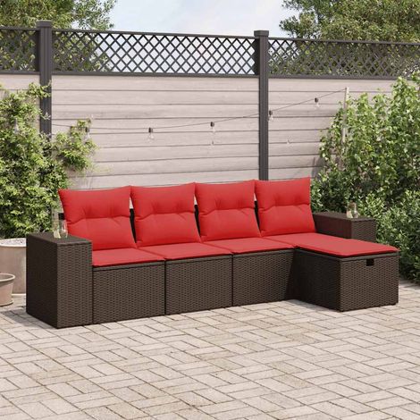Salon de jardin 5 pièces avec coussins rouges, résine tressée marron et rangement - PANGIVO (1/5)