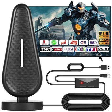 Antenne TV Intérieure Puissante TNT HD, 2024 le plus récent Antenne TV Intérieur avec Amplificateur de Signal à Gain Élevé, Réception Longue Portée à 360° avec Base Magnétique Solide, Compat