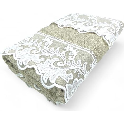 Set de serviettes 1+1 Macramé toscan dentelle sable, pur coton, Made in Italy, Idée cadeau, Emballage élégant