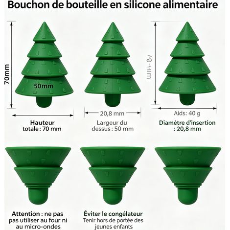 Bouchon de carafe en silicone alimentaire forme sapin de Noël, scellage hermétique, cadeau original pour Noël, hauteur 70 mm, largeur 50 mm - Vert (1/5)