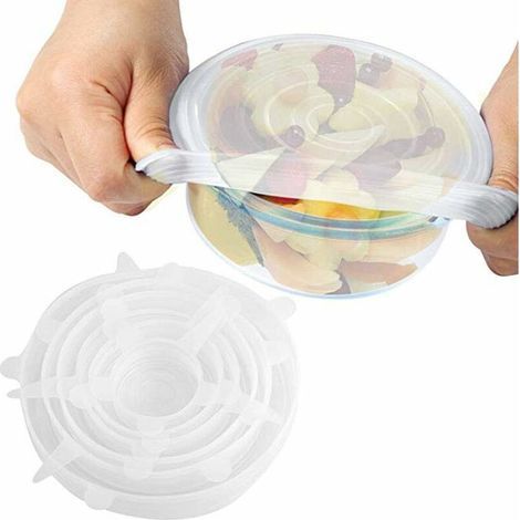 Couvercle Silicone Alimentaire, 6Pcs Film Alimentaire Réutilisable, Différentes Tailles Couvercle Silicone Extensible, Convient au Micro-ondes/le four/le frigo - Sans BPA (Blanc) (1/5)