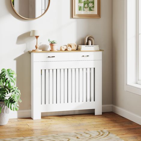 Cache-radiateur à lattes anti-basculement tiroir rangement en bois - Dimensions: 112x19x97 cm - Couleur: Blanc