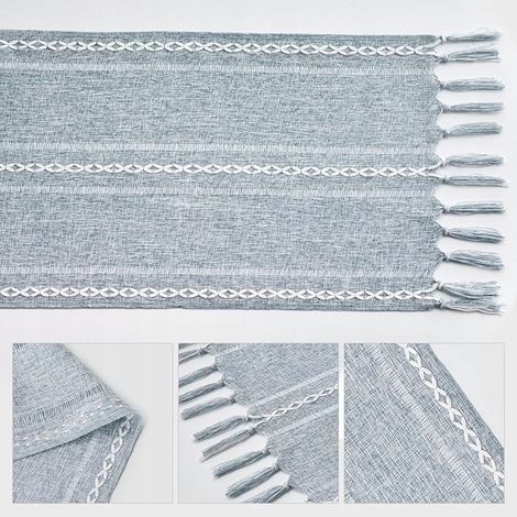 Camino de mesa bohemio con flecos, 33x303 cm, decoración de mesa, color azul. (1/5)