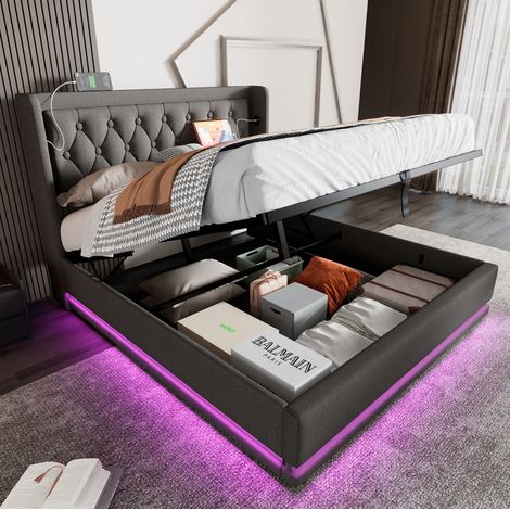 Cama con espacio de almacenamiento tapizada en algodón gris 160x200 cm, LED 3 lados, USB y USB-C, somier de láminas (1/5)
