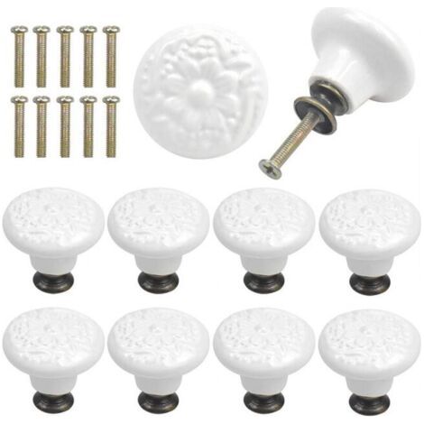 10 Pcs - Blanc Boutons de Tiroir en Céramique Poignée Porte de Meuble Ronde Gravure Vintage avec Vis (1/5)
