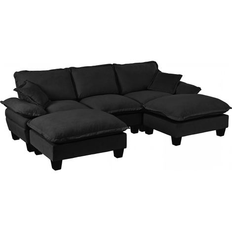 Sofá esquinero modular en U de chenilla negra con 2 otomanas móviles y 2 cojines (1/5)