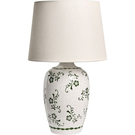 Lámpara de mesa estilo rústico base de cerámica pantalla de lino forma cilíndrica motivo floral acabado blanco brillante Billy (1/5)