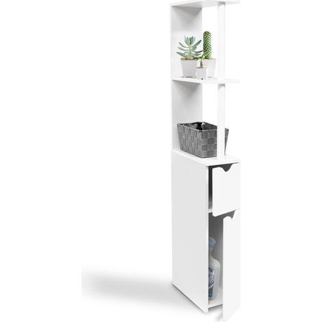 Idmarket – Meuble WC 2 portes blanc – Dimensions 15,2x29,8x118 cm – Panneaux de particules – Rangement compact pour petits espaces