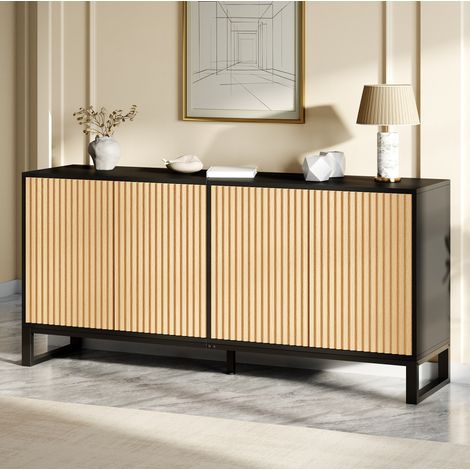 Buffet 160x40x75 cm a 4 ante scanalate, ripiani regolabili, contenitore per ingresso, MDF e truciolato nero/naturale (1/5)