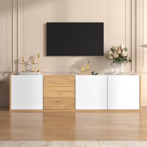 Meuble TV design blanc/bois, installation murale ou sur pieds, panneau bas moderne, solution rangement salon (1/5)