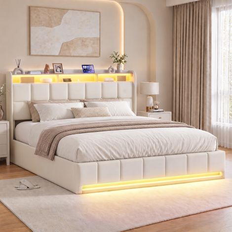 Lit double coffre hydraulique 160x200 cm, tête de lit à rangement, éclairage LED, ports USB et Type-c, lin, beige (1/5)