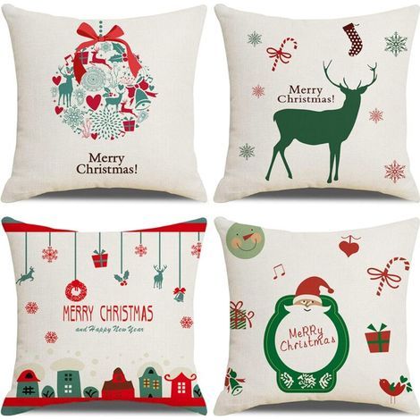 Christmas Cushion Cover, Set of 4 Christmas Reindeer, Cotton and Linen Decorative Pillowcase, 45 x 45 cm (1/5)