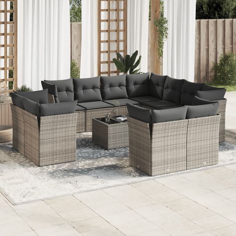 Ensemble Modulaire de Jardin 12 Places en Résine Tressée Gris avec Coussins - Salon d'Extérieur avec Table en Verre Trempé (1/3)