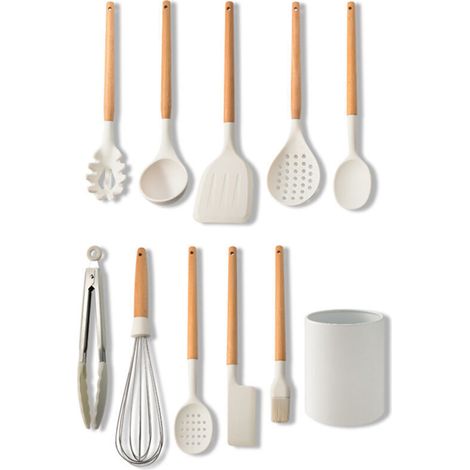10-teiliges Küchenbesteck-Set mit Holzgriffen, hitzebeständig, hygienisch und antihaftbeschichtet, spülmaschinenfest (Weiß) - Crezuo